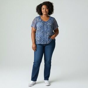 Avenue Blouse 26/28 | Blue Sheer Button Front | Elastic Neck Plus Size